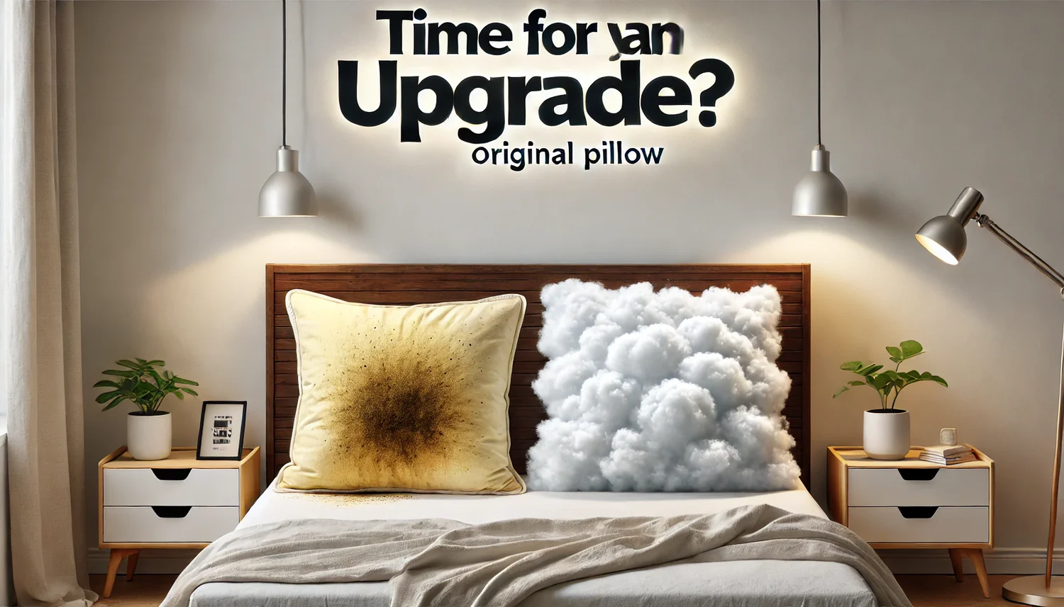 Seng med gul pletpude og ny hvid babmuspude til opgradering